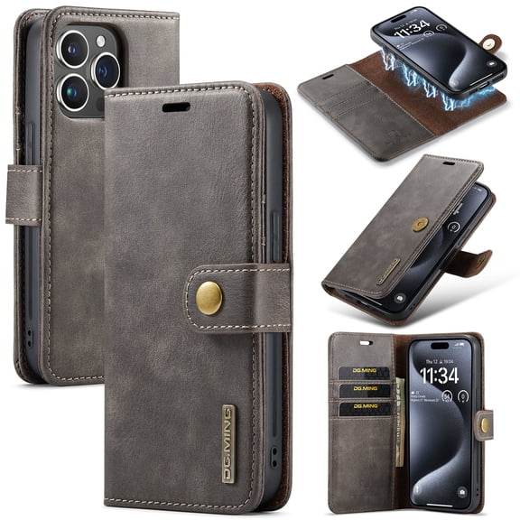 Detachable Wallet Case for iPhone 16 Pro Max RFID Blocking Card Slots Holder Removable 2 in 1 Wallet Phone Case Premium PU Leather Magnetic Kickstand Shockproof Flip Protective Cover,Gray