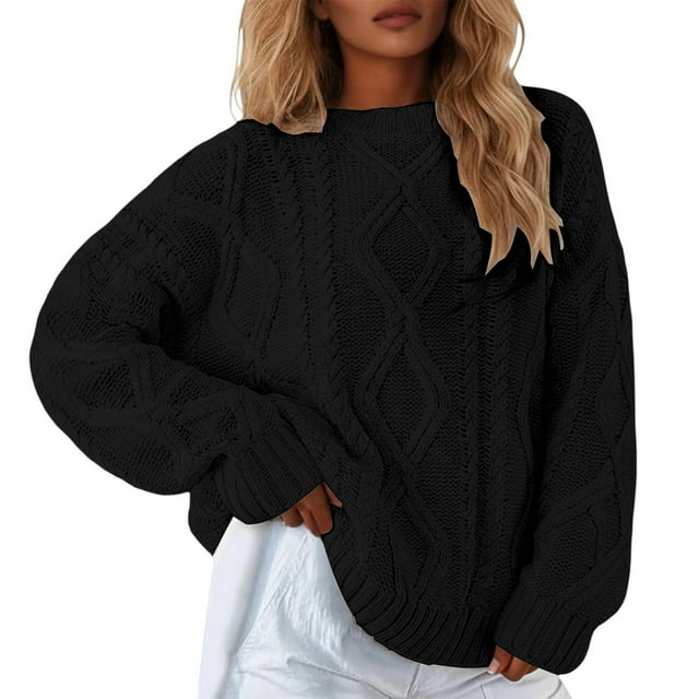 MIASHUI Chandail-Over Décontracté Ample Couleur Unie Automne Hiver Col Rond, Fil Épais pour Femmes Noir, TTG