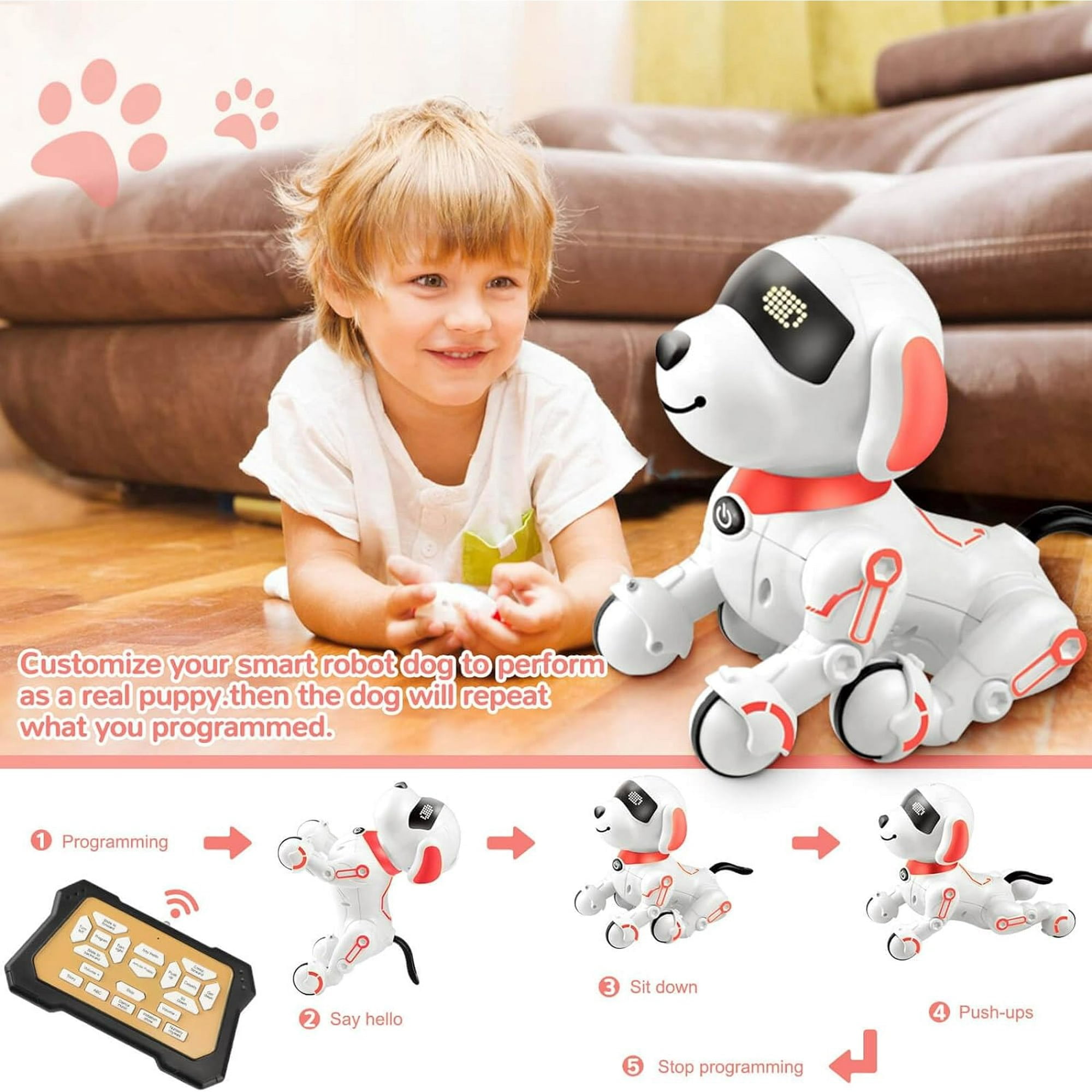 RC Robot Dog, Smart Programmable RC Electronic Pet Puppy with Early Education Function, White/Pink
