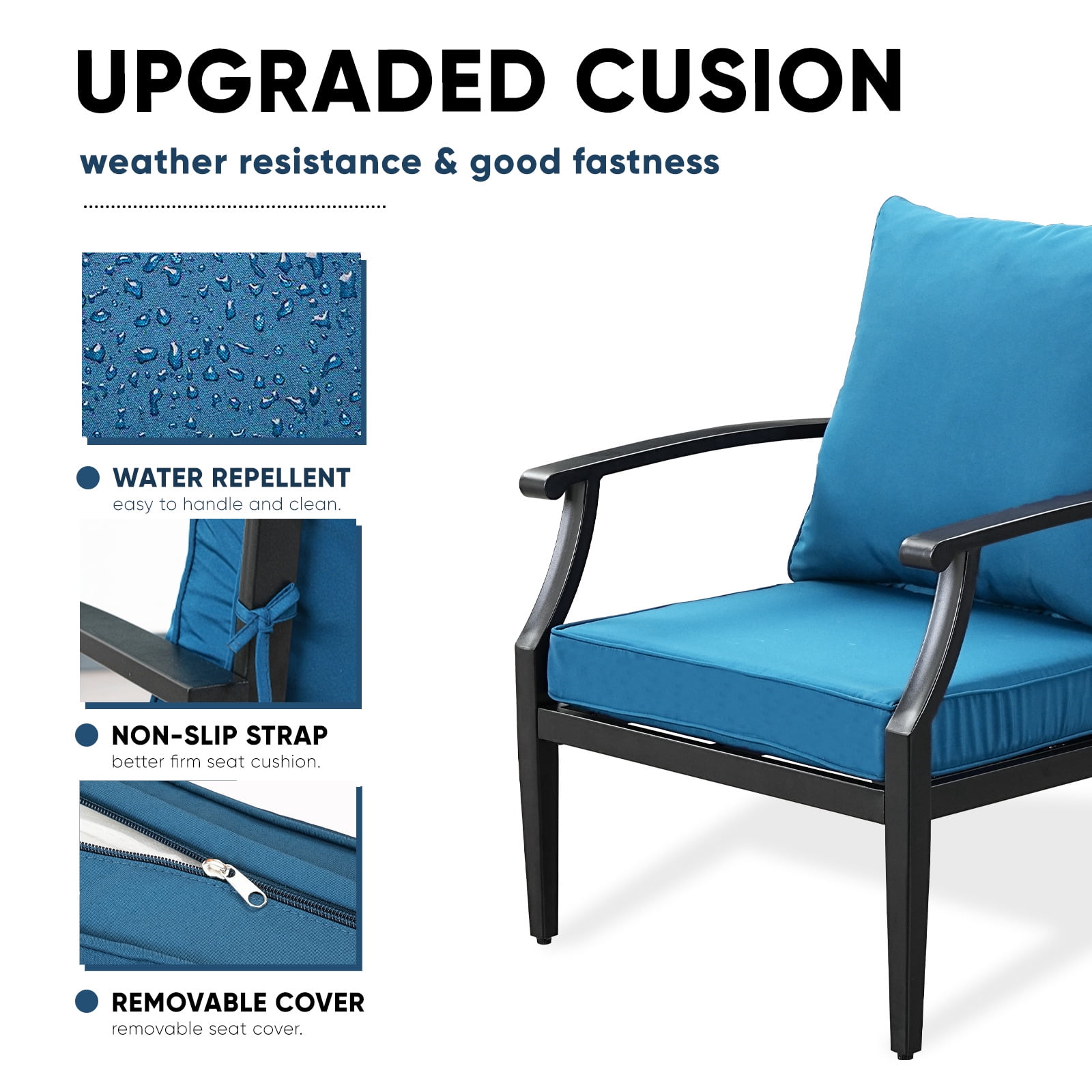 TerraRelax 4 Piece Outdoor Patio Furniture Set, Oversized Metal Conversation Set with High Back & Deep Seating, Water-Repellent Cushions, Coffee Table for Porch, Deck, Backyard, Peacock