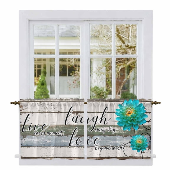 Teal Floral Tier Curtains, Farmhouse Green White Blue Wooden Light Filtering Kitchen Curtains, 2Pcs Rod Pocket Half Window Treatments Panels for Sink Cafe Cabinet Camper 27.5x24 Inches