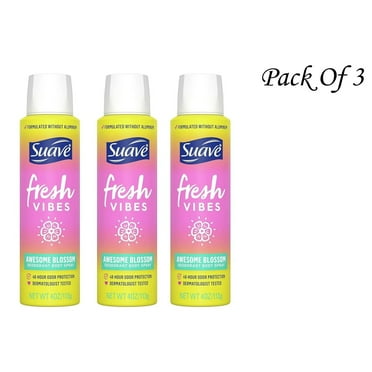 Suave Fresh Vibes Deodorant Body Spray, Aluminum Free 48 Hour Deodorant Protection, Awesome Blossom Dermatologist Tested, Body Spray Deodorant 4 Oz (Pack Of 3)