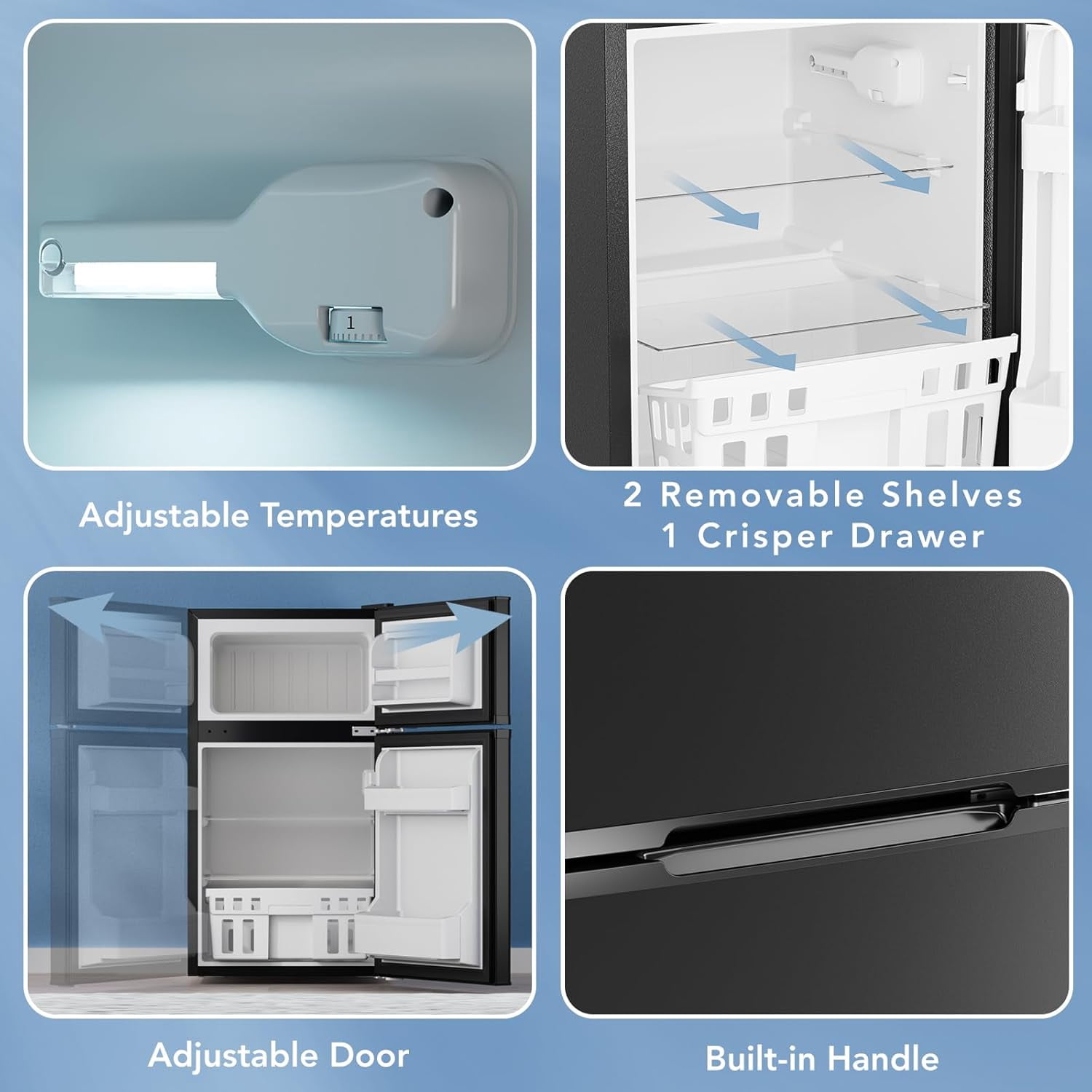 3.1 Cu.Ft Double-Door Compact Mini Fridge with Freezer & Adjustable Glass Shelves - Black for Dorm, Bedroom, Apartment