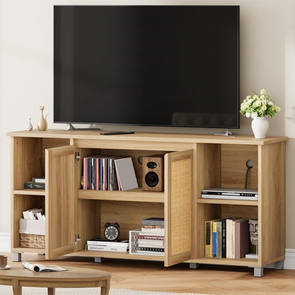 70 Inch TV Stand, Mid-Century Modern Entertainment Center with Rattan Cabinet Doors, Media Console with Open Shelves, TV Stands for Living Room - Natural