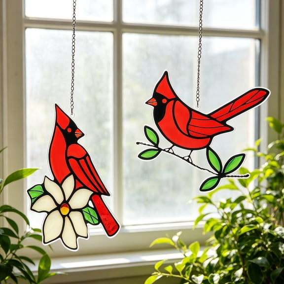 2-Pack Cardinal Bird Suncatcher Window Hanging Decor, Colorful Acrylic Glass Panel Ornaments, Anti-Collision Window Decor for Home, Garden, Gift for Bird Lovers