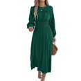 thumbnail image 3 of Women's Long Sleeve Elegant Pleated Maxi Ruffled Shirred Waist Flowy Bohemian Dress for Daily Wear Green S, 3 of 10