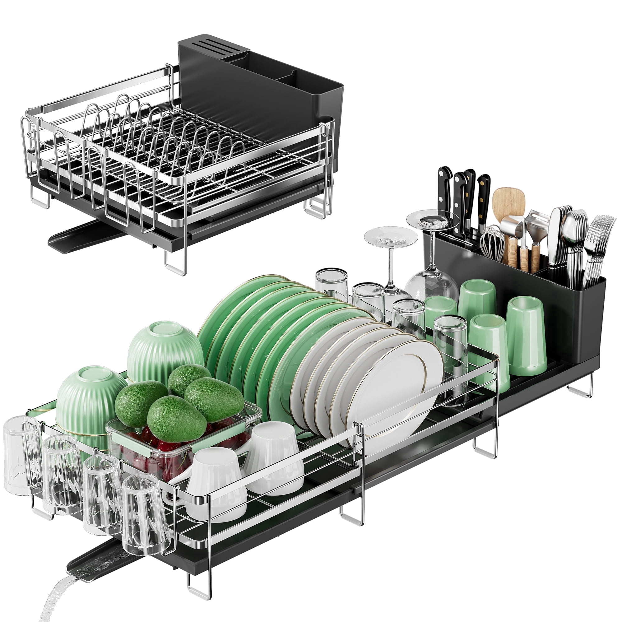 ORDORA Dish Drying Rack - Extendable Dish Rack Kitchen Drainer Set, Multifunctional Dish Drainer with Drainboard Set, Dish rack with Utensil Holder & Cup Holder, 13.4"-28.7" L x 11.8" W