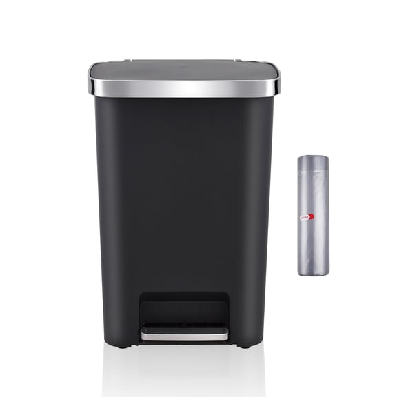 14 Gallon Rectangular Kitchen Trash Can, 51L Step Pedal Garbage Can with Silent-Close Lid, Liner Rim and Pocket, Black Plastic