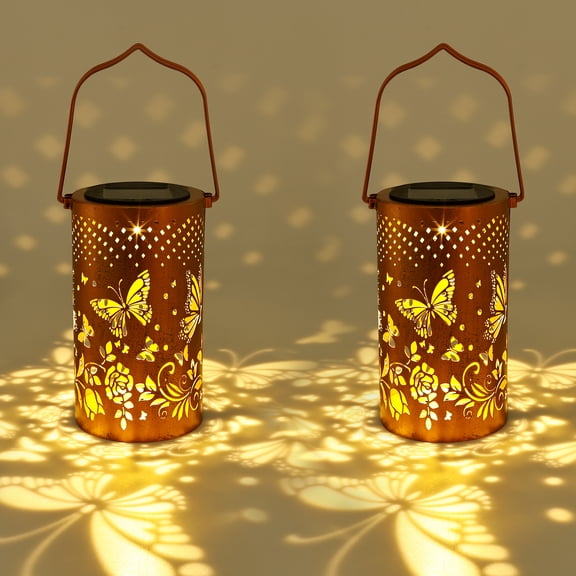 2Pcs Butterfly Style Solar Lantern No Wiring Required Vintage Butterfly Decor Hanging Lantern for Patio Yard Lawn Backyard Front Porch