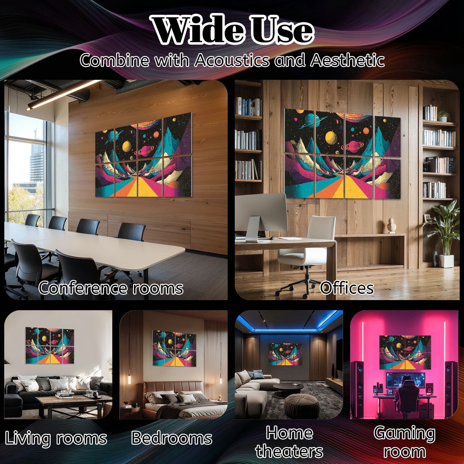 8 Pack Art Acoustic Panels Colorful Cosmic Landscape Planets Mountains Psychedelic Retro Space Self Adhesive Sound Absorbing Panels for Home Office Studio Media Room 48"x32"