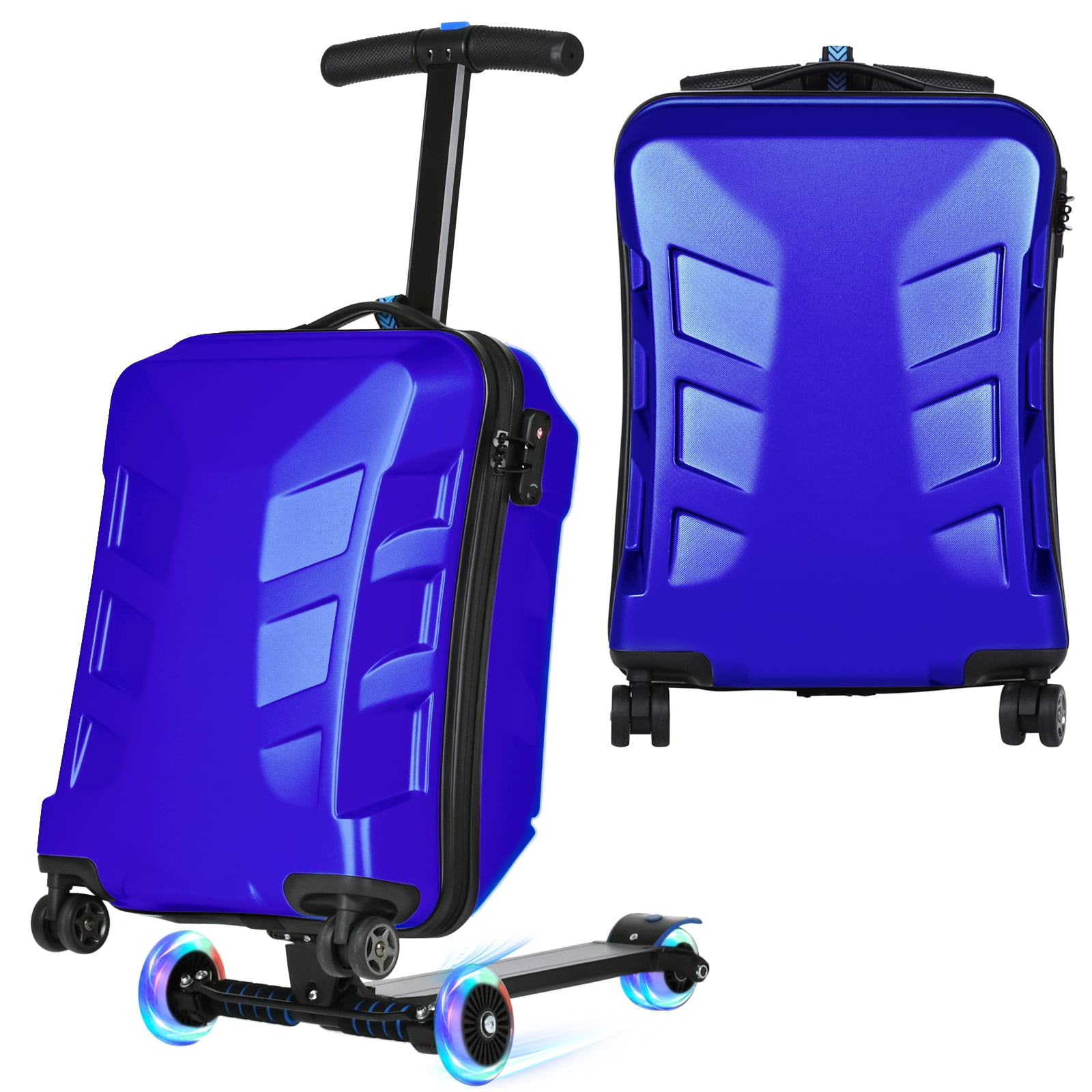 Advwin Scooter Suitcase for Kids & Adults, 3-D Hardshell Ride On Scooter Luggage with LED Light Up Wheels, TSA Lock, Lightweight Foldable Carry On Rideable Suitcase for Children Teenagers, Blue