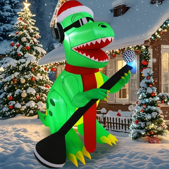 TCFUNDY 6.5FT Christmas Inflatable Dinosaur Singing Outdoor Patio Decoration, Giant Dinosaur w/Bulit-in Bright LED Lights, Blow-Up Yard Decor for Garden, Lawn, Holiday Parties
