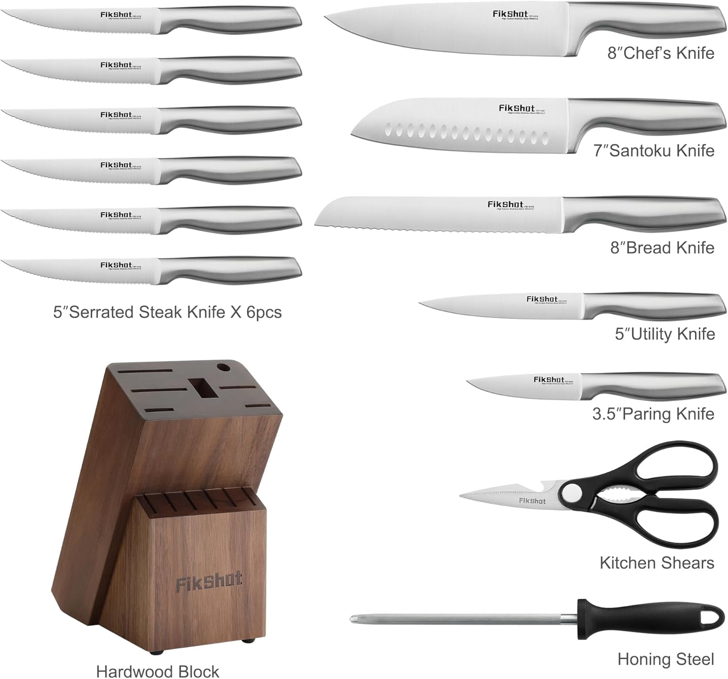 Knife Block Set, Kitchen Knife Sets with Block, FIKSHOT Knives Set for Kitchen - - Santoku Knife, Fruit and Kitchen Sets - Rust Resistant for Homecooks (Silver + Walnut)