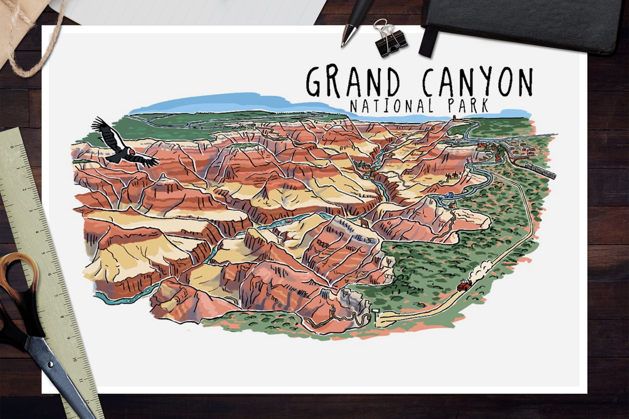 Grand Canyon National Park Hand-Drawn Map Poster - Authentic 24X18