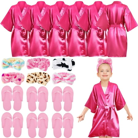 

18 Pcs Spa Party Supplies for Girls 6 Satin Kimono Robe 6 Spa Headband 6 Disposable Foam Pedicure Slippers for Flower Girl Kid Salon Pedicure Wedding Birthday Favors Washing Shower (Rose Si