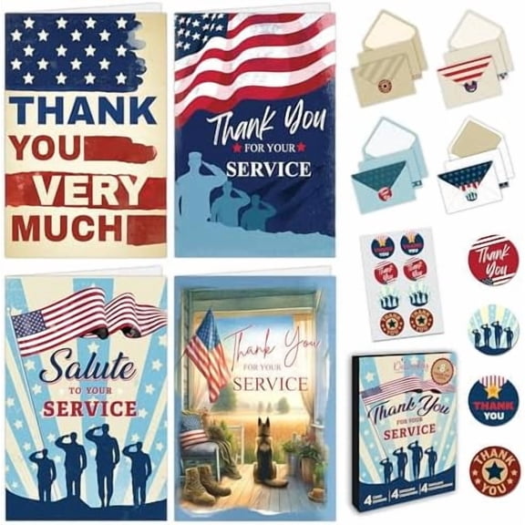 8 Pack 5x7in Thank You for Your Service Cards for Veterans with Envelopes and Stickers, 4 Patriotic Designs Thank You Cards for Veterans with Printed Message Inside