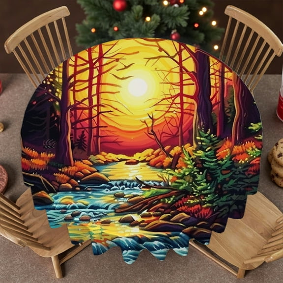 RKSupls 60 Inch Round Tablecloth - Forest Sunset Stream Print, Holiday-Themed Design Polyester Tablecloths Polyester Table Cover , Wedding, Party, Holiday, Home Dining