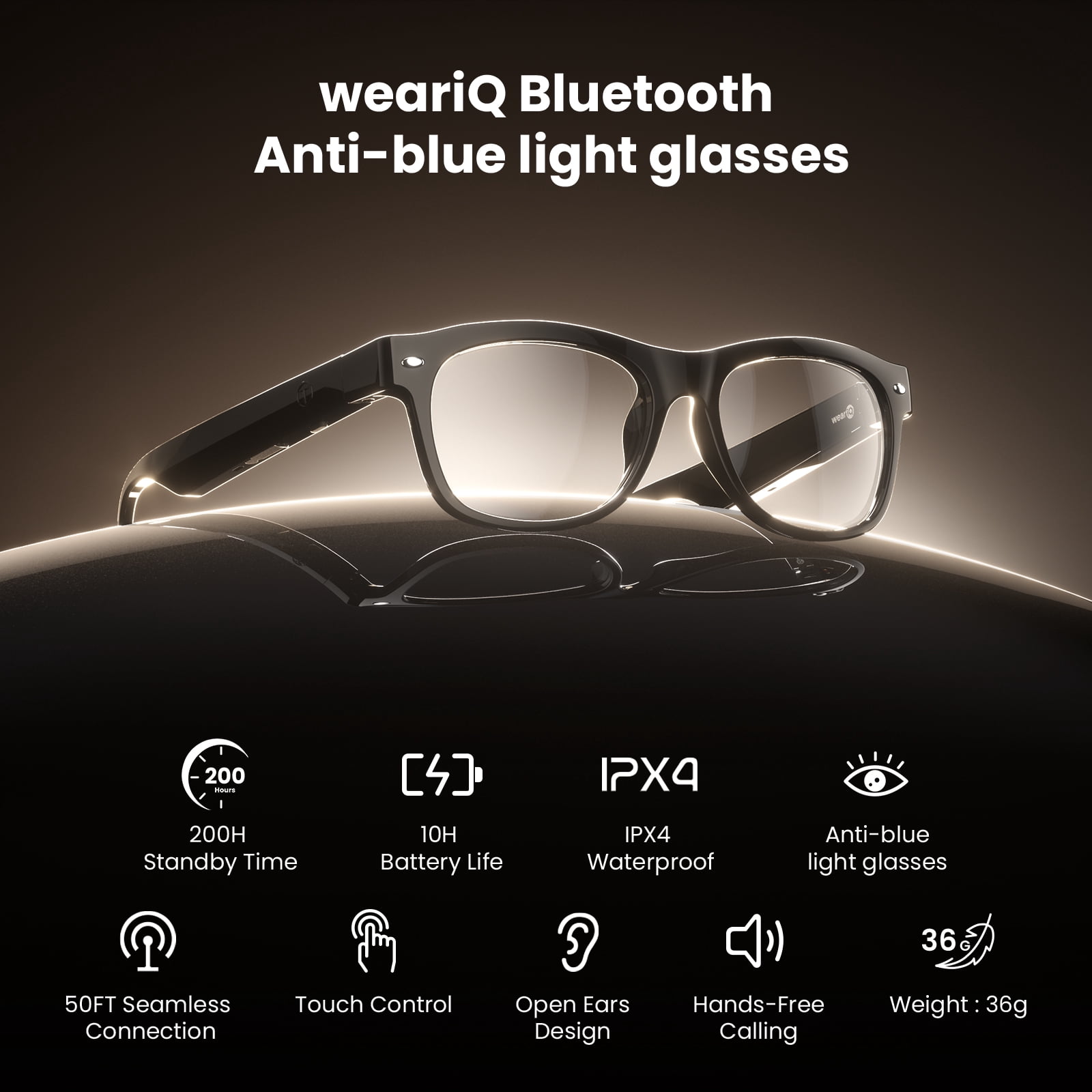 WeariQ Blue Light Blocking Bluetooth Smart Glasses – Shiny Black Bluetooth Glasses with UV Protection, Hands-Free Calls & Music