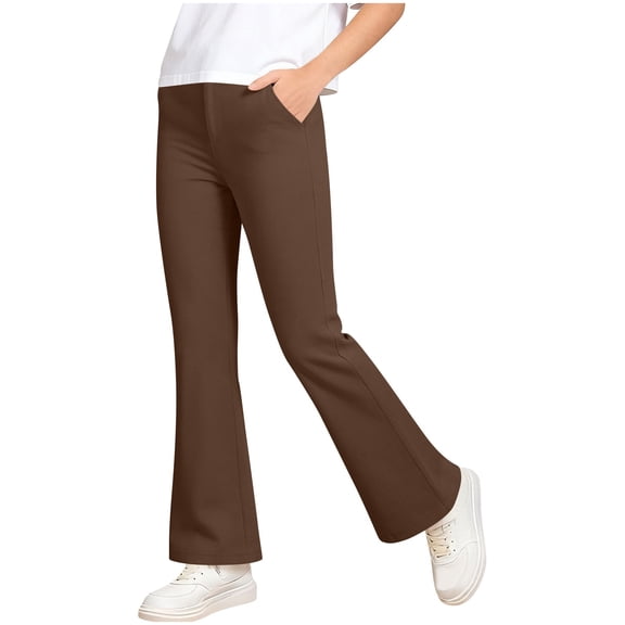 Flare Pants For Girls High Waisted Stretchy Bell Bottoms Casual School Uniform Pull-On Bootcut Trousers With Pockets