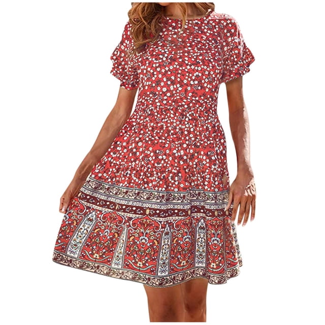 Vestidos de verano bohemios de manga corta informales para mujer, cuello redondo, estampado floral, cintura alta, playa, minivestido fluido con vuelo Pompotops ghjkhdj11251