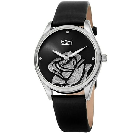 Diamonds Rose Alligator Watch - Burgi Ladies Diamond Glitter Rose Floral Black Leather Strap Watch