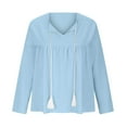 thumbnail image 4 of IROINNID Discount Women's Long Sleeve V-Neck Shirts Casual Long Sleeve V-Neck Cotton Linen Solid Drawstring Loose Tops Blouse,Light Blue, 4 of 4