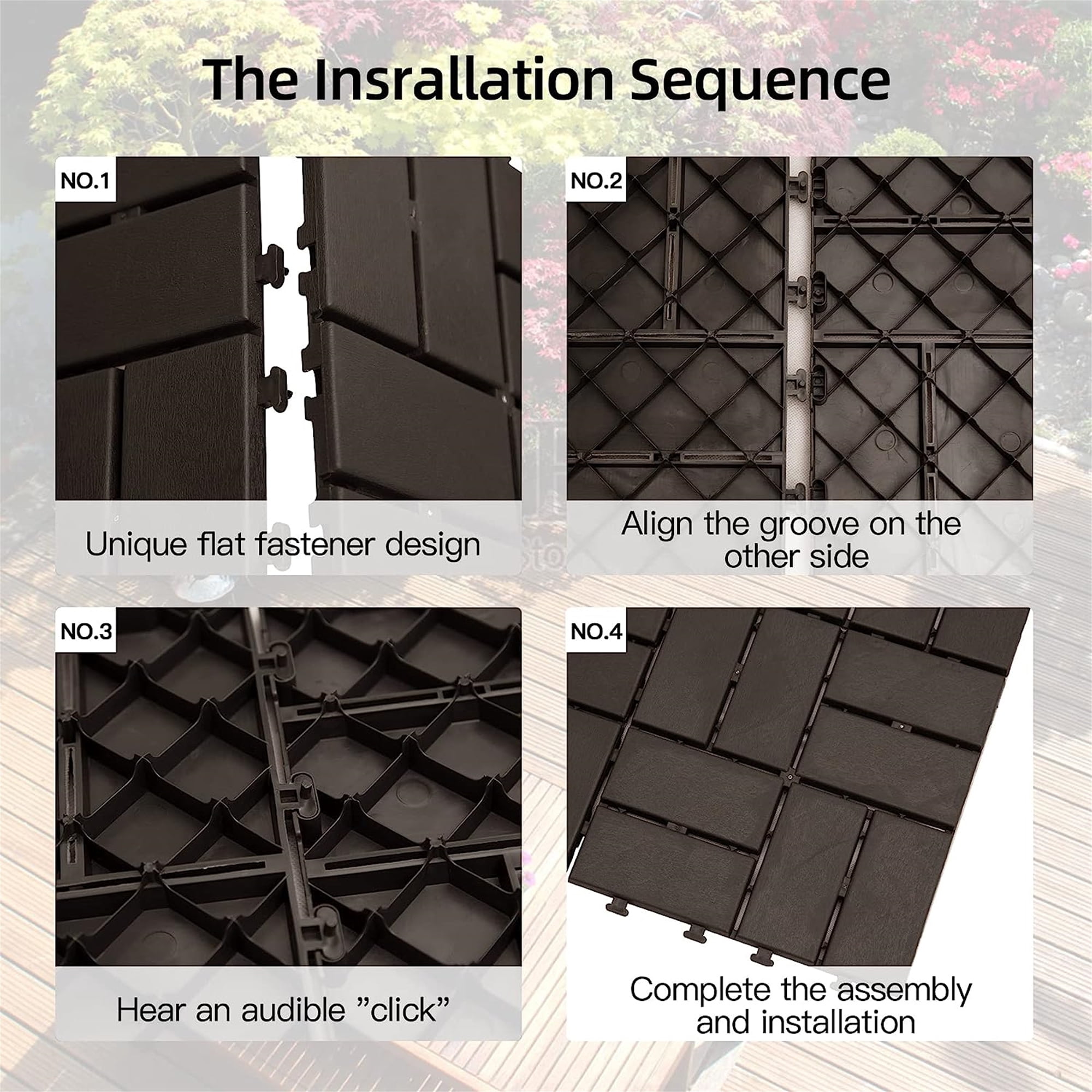 12"x12" Interlocking Patio Deck Tiles, 44 Pack Four-Slat Plastic Flooring Tiles, Weather Resistant Non-Slip Drainage Design, Tool-Free Installation for Balcony Porch Backyard