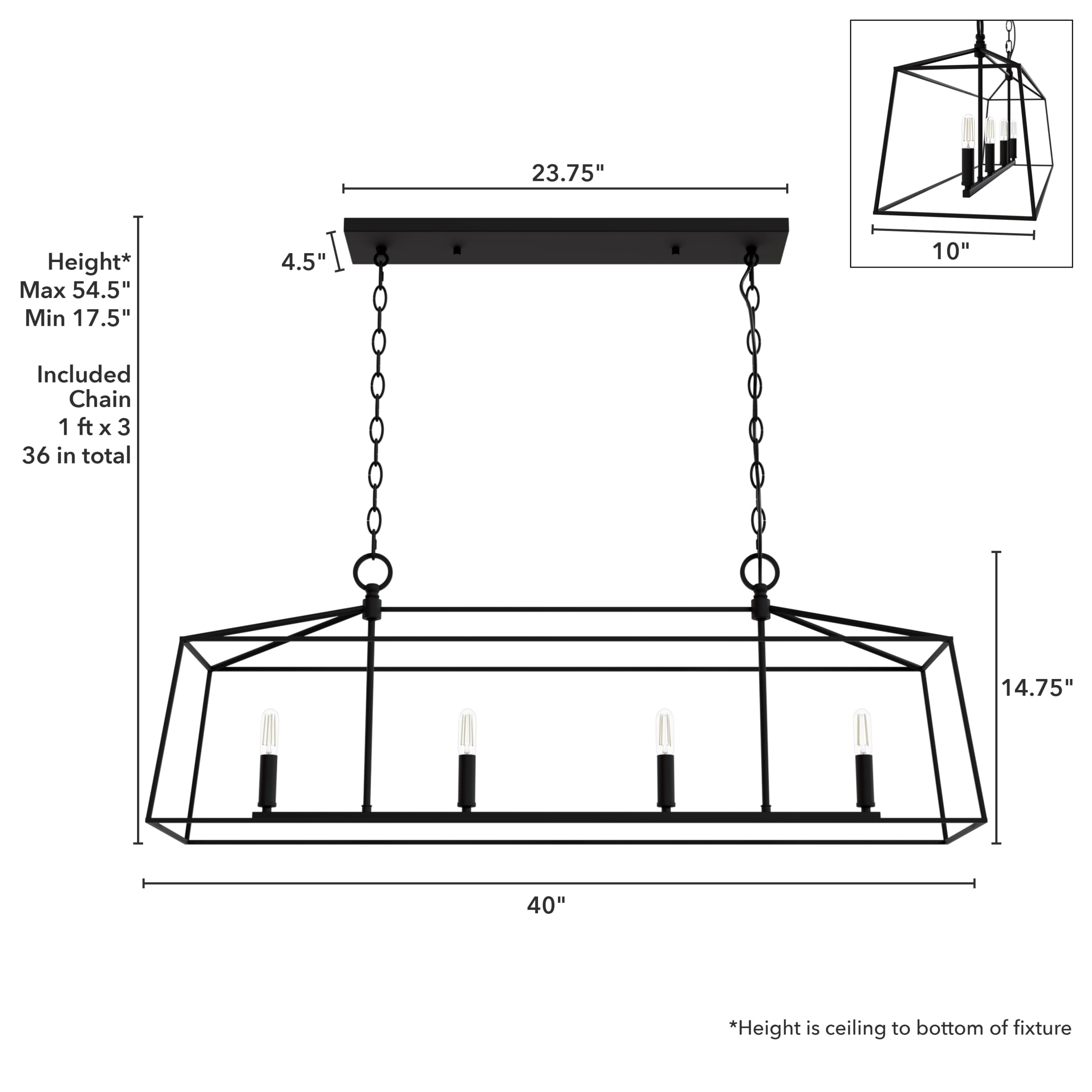 Hunter - Fair Oaks 4-light Matte Black, Extra Large Chandelier, Dimmable, Formal Style, Linear Shaped, for Bedrooms, Dining, Living Rooms - 13099