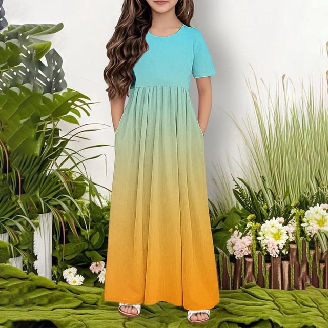 Robe Décontractée à Manches Courtes Col Rond avec Poches pour Femmes et Filles