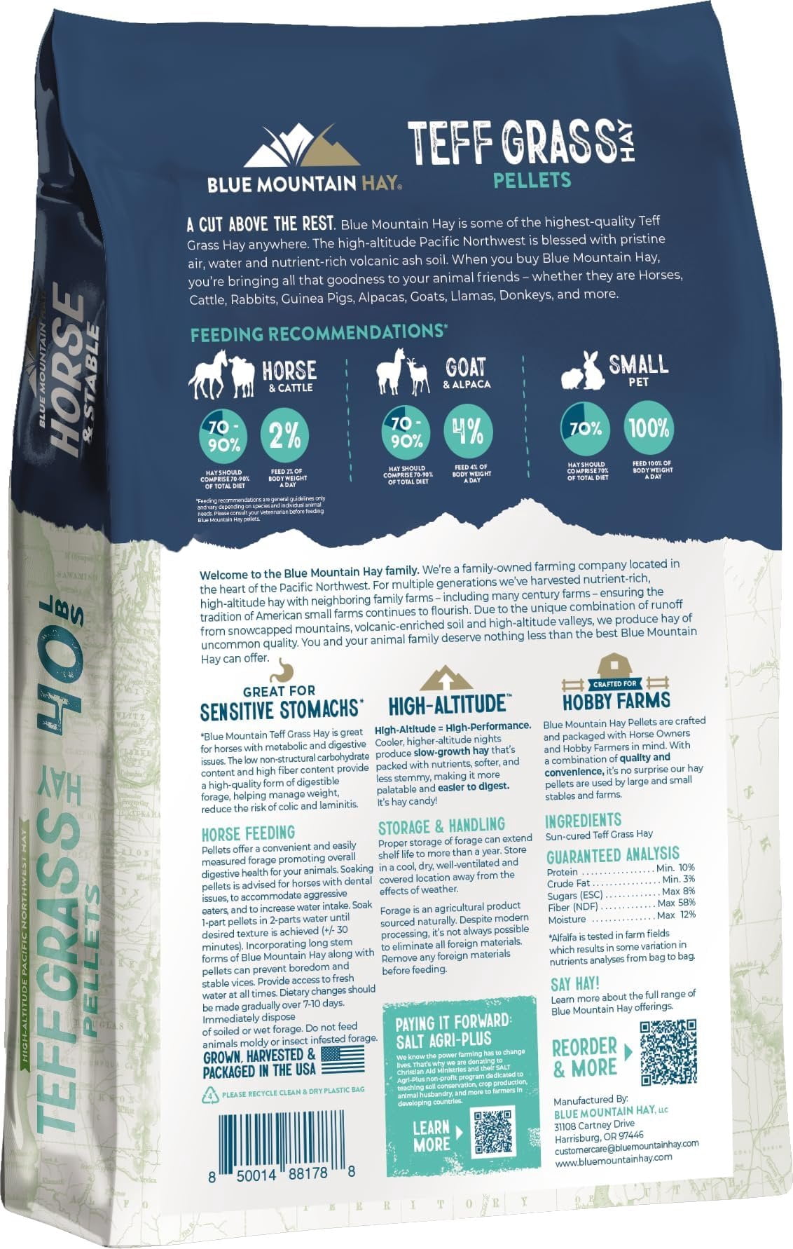 Blue Mountain High Altitude Horse Hay Pellets  Ultra Premium Alfalfa, Timothy, Orchard, Teff Hay  Nutrient Dense  Cattle, Sheep, Alpaca, Rabbits 40 LB, Teff Grass