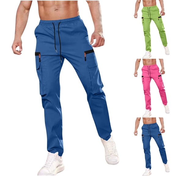 DPTALR George Men's Solid Color Workwear Pants Elastic Waistband Drawstring Pocket Casual Pants,Blue,Big and Tall Men M