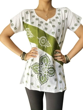 Women Tunic Top White Green Embroidered Blouse Bohemian Handmade Cotton Summer Casual Tops SM