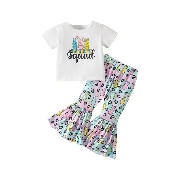 LUXUR Girls T-shirt Pants Short Sleeve Summer Outfits 2 Pieces Trousers Set  Casual Rabbit Printed White 100cm 