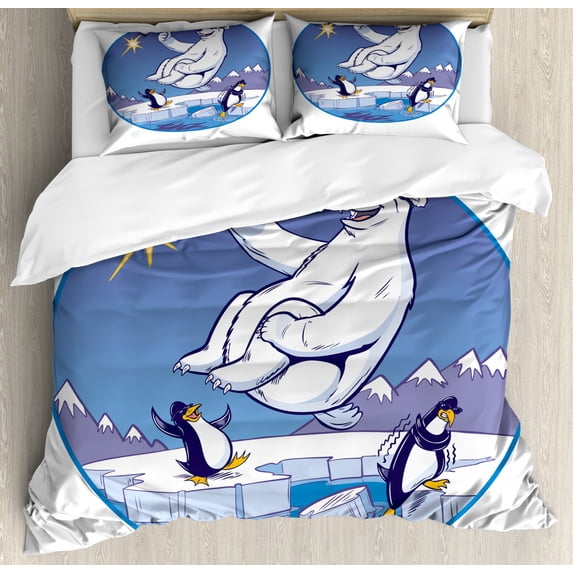 Funny Bear Duvet Cover Set King Size, Round Design of a Polar Bear and 2 Penguins in an Arctic Setting, Decorative 3 Piece Bedding Set with 2 Pillow Shams, Indigo Ceil Blue and White, by Ambesonne