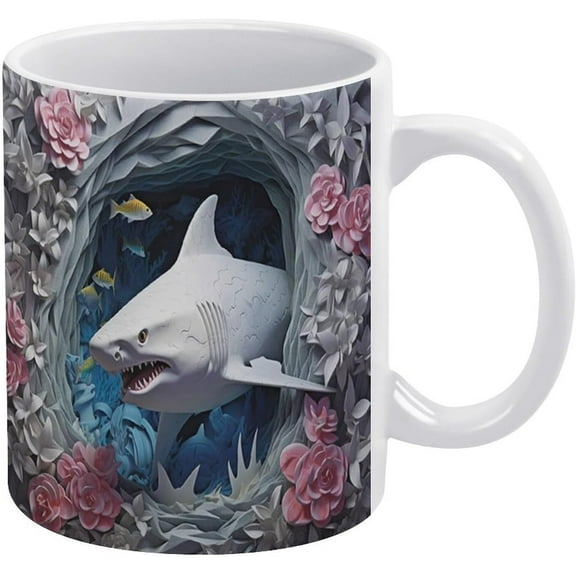3D White Shark Mug, Ocean White Shark Mug | Ceramic Coffee Cup | Decorative Home Kitchen Drinkwear | Funny Birthday Christmas Gift, 11oz