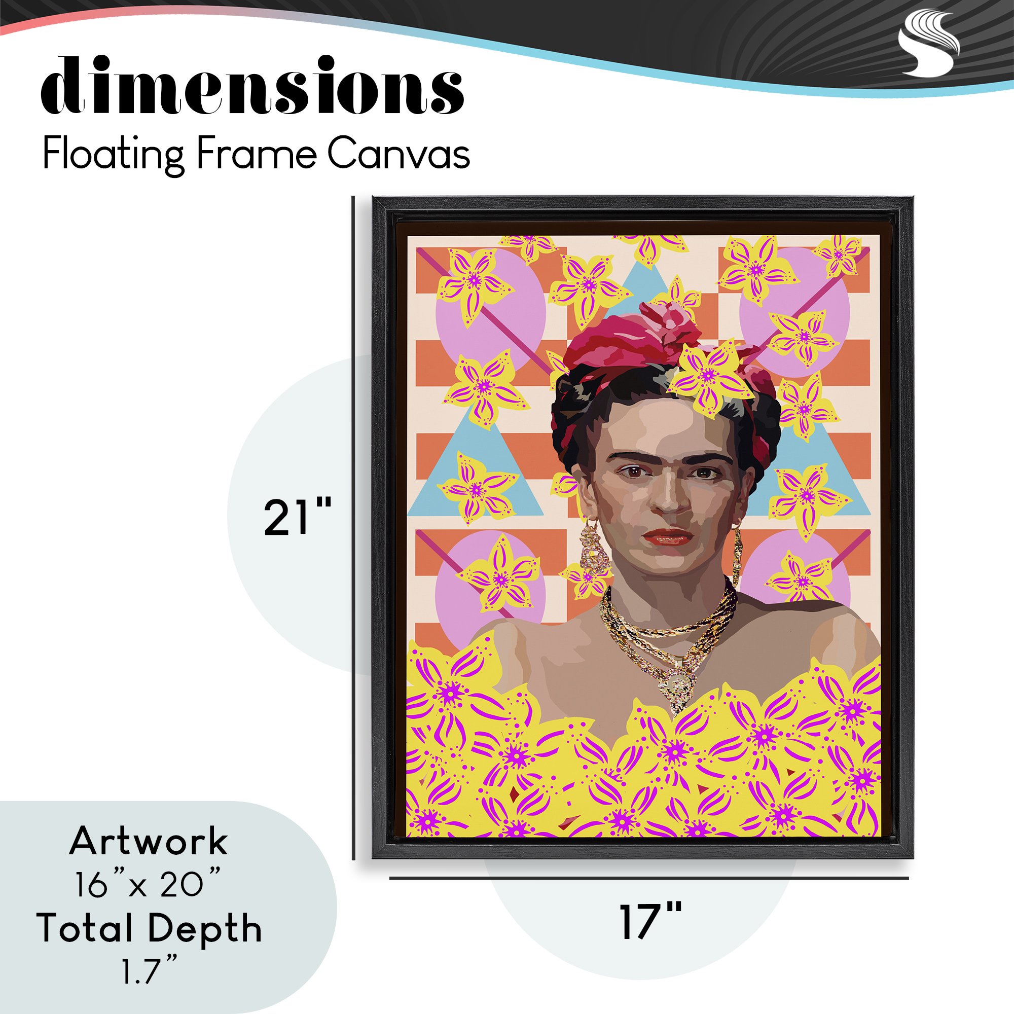Frida's Floral Journey Black Framed Floater Canvas Wall Art, design by Lynnda Rakos