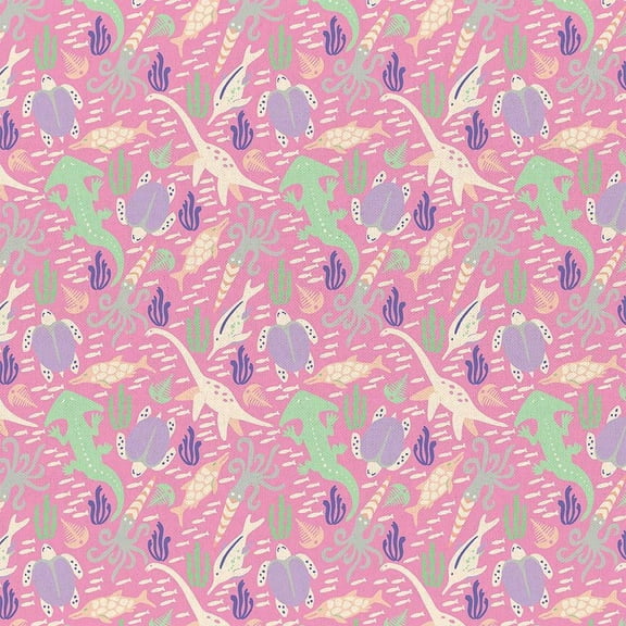 Pink Dinosaur fabric, Water Dinos Paintbrush Studio cotton fabric, Sold by the Quarter Yard