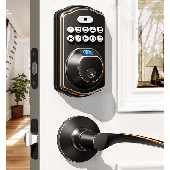Veise KS02BFingerprint Door Lock with 2 Lever Handles - Keyless Entry Door Lock, Electronic Keypad Deadbolt, Digital Smart Code & Front Handle Sets, Auto-Locking, Easy Installation, Oil Rubbed Bronze