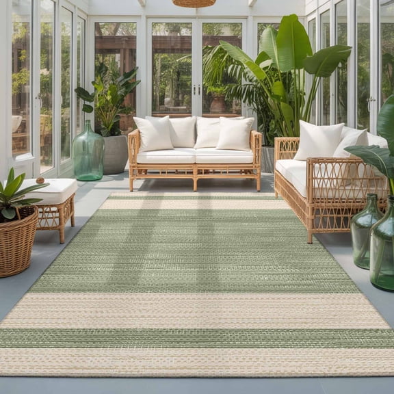 Sage Green Stripe Washable Living Room Rugs 5'x8', Modern Geometric Classic Linear Slub Fabric Texture Washable Throw Large Area Rug Non-Slip Sturdy Edge Binding Carpet for Living Area Kitchen Office
