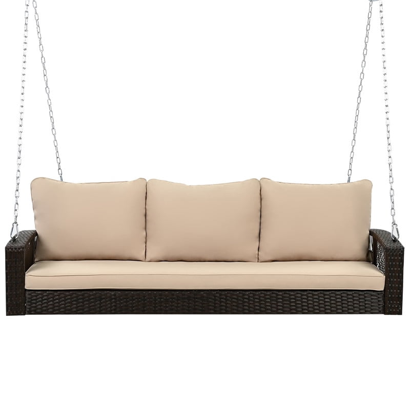 3-Person 69" PE Wicker Porch Swing with Chains, All-Weather Large Patio Swing Bench with Cushions for Backyard, Garden, and Poolside