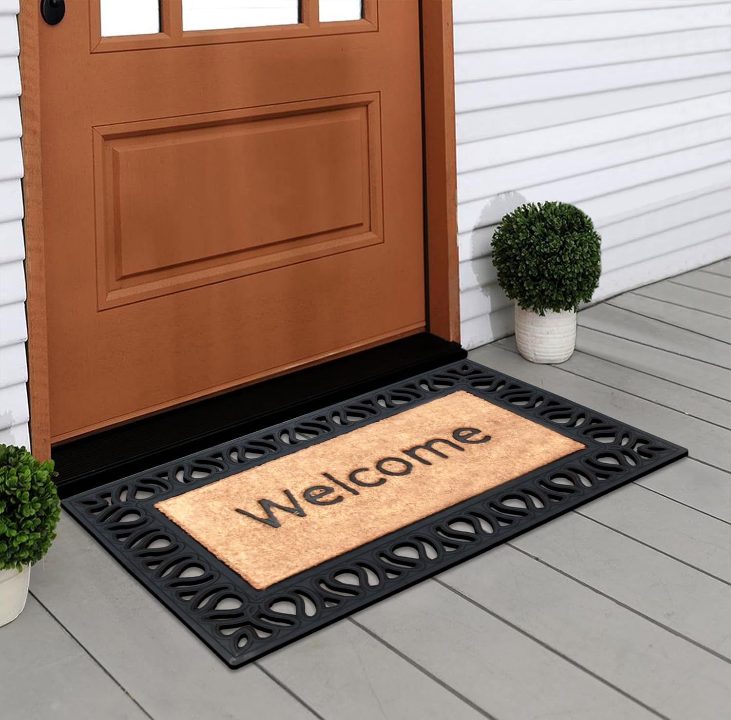 A1HC Rubber and Coir Paisley Border Beautifully Design Welcome Doormat for Outdoor Indoor Entrance Mat 18"X30", Black/Beige
