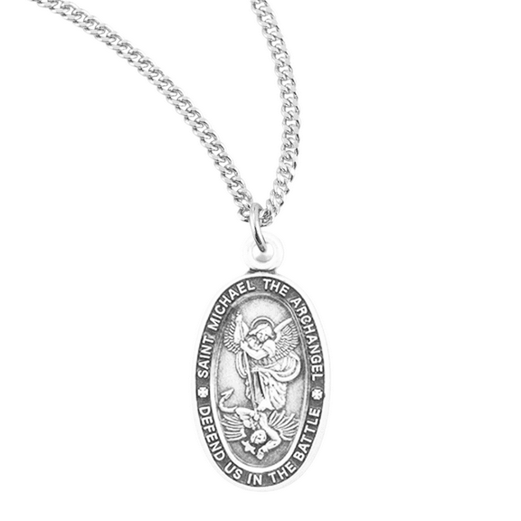 Sterling Silver Saint Michael Oval Medal Necklace, Archangel Defeating Devil, Patron Saint of Police, 18" Rhodium Plated Stainless Steel Chain, Made in USA- Deluxe Velvet Gift Box Included