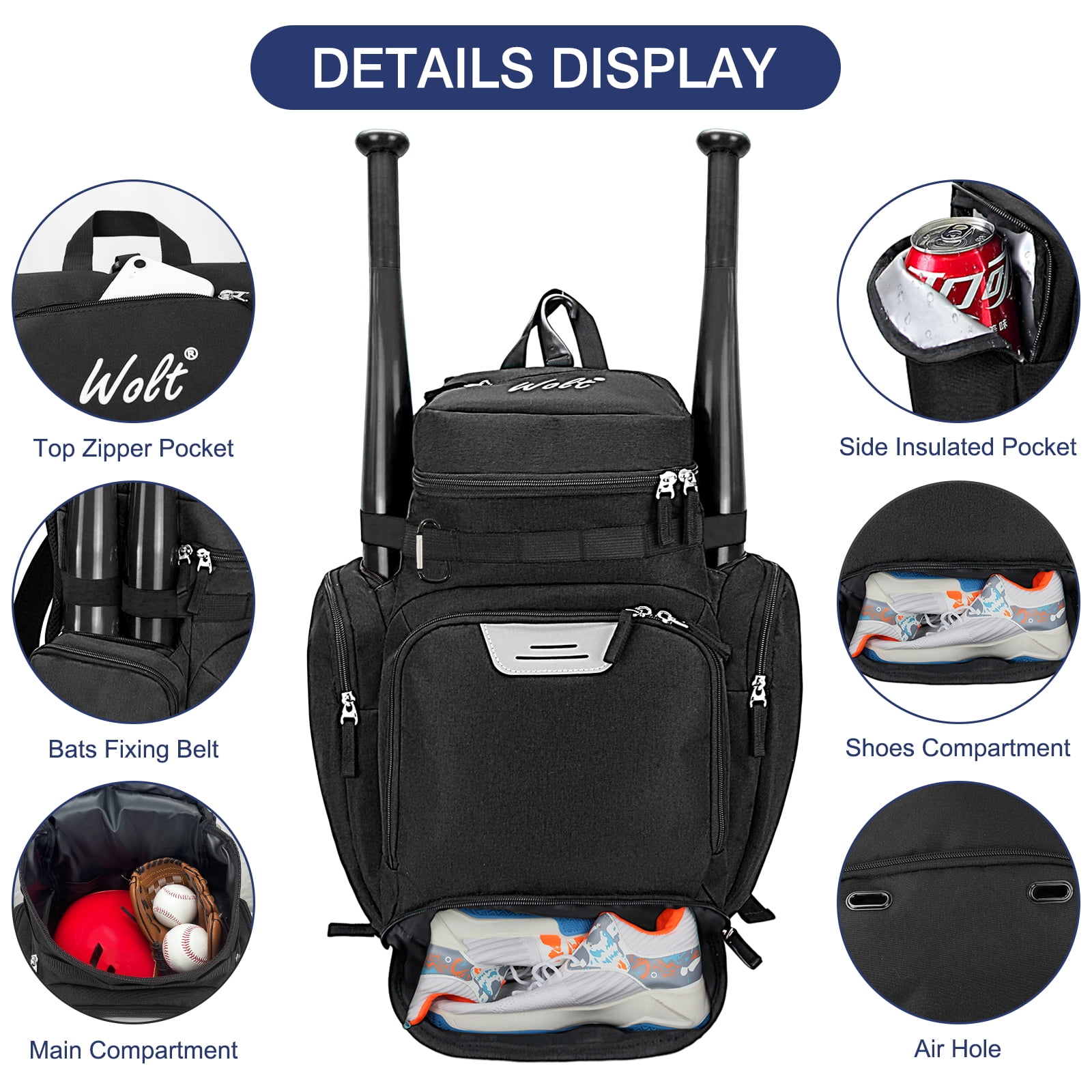 WOLT Pro Baseball Bag Backpack for Men Multifunctional Baseball Equipment Backpack for Sports Black