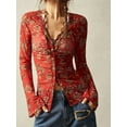 thumbnail image 4 of Button Down Shirts for Women Fall Fashion 2025 V Neck Long Sleeve Blouse Ruched Mesh Fitted Floral Print Boho Tops Red S, 4 of 8