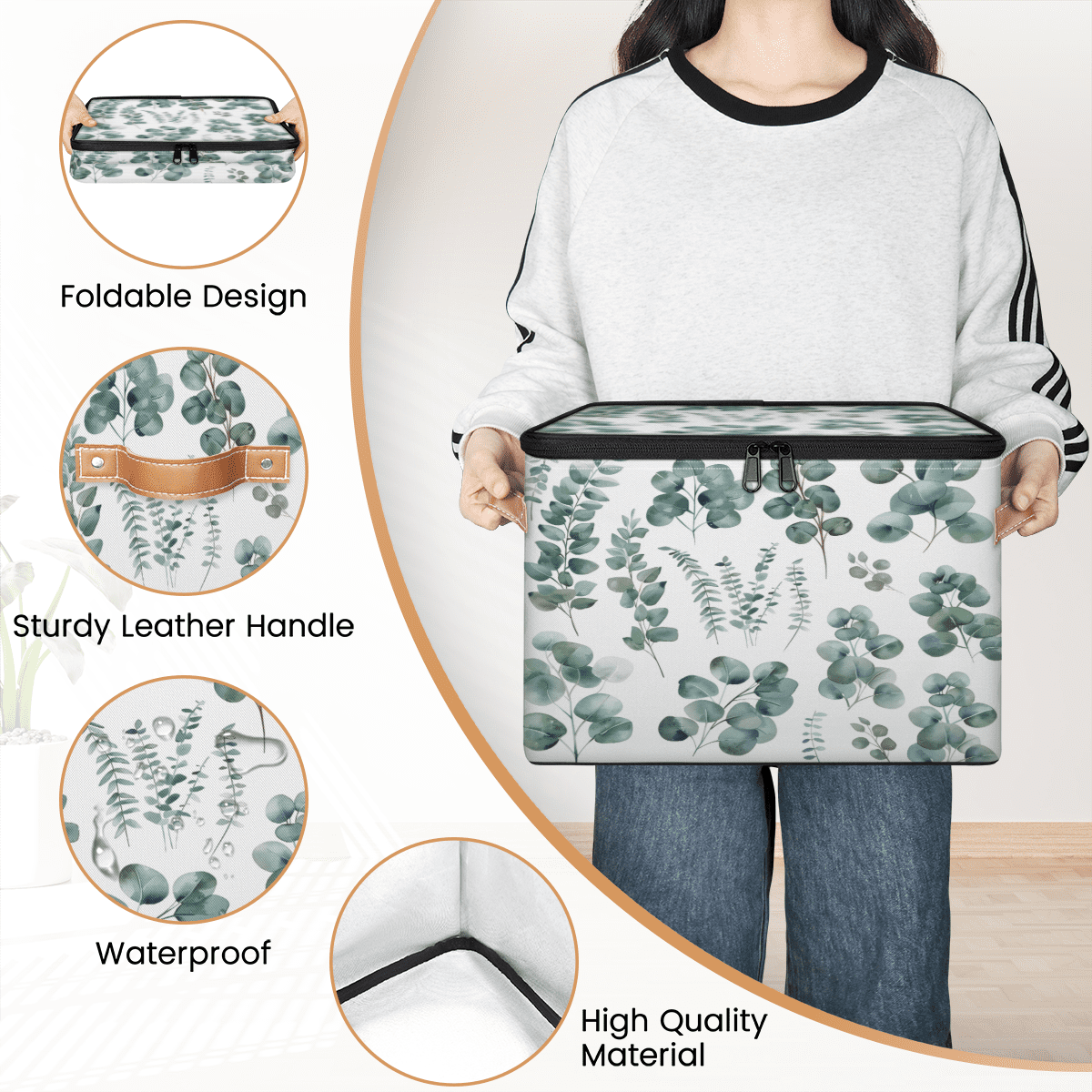 CURLYOOT Green Eucalyptus Leaves Fabric Storage Bins with Lids, Eucalyptus Leaves Foldable Storage Boxes Washable Storage Cube, Closet Bedroom Home Organizer Containers with Handles