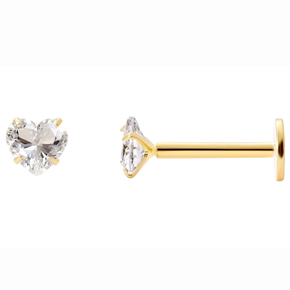 Ginger Lyne Solitaire Heart Flat Back Stud Earrings Sterling Silver Cubic Zirconia Body Jewelry