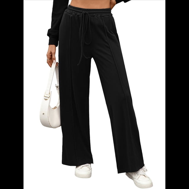 Pantalones Deportivos de Pierna para Mujer, Cintura Alta, Holgados y con Cordón Ajustable Negro M