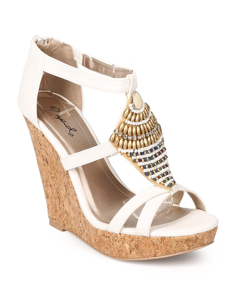 Qupid Qupid EK60 Women Leatherette Peep Toe Beaded Diamond Cork Wedge
