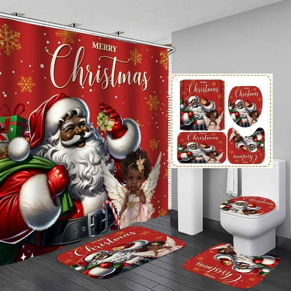 4PCS Black Santa Claus Christmas Shower Curtain Sets with Rugs, Waterproof Fabric Red Shower Curtain Cute African American Black Girl Afro Angel Xmas Gifts Gold Snowflake Winter Bathroom Decor