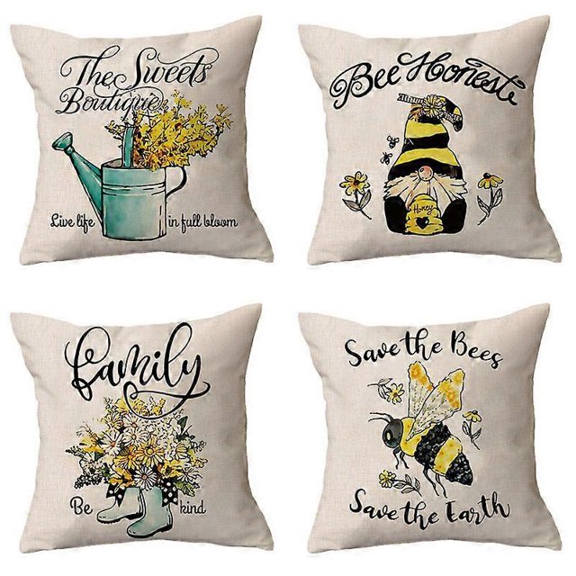 SZTXJ Autumn Cushion Covers 18" x 18" Set of 4 Outdoor Decor Pillow Case Autumn Farmhouse Bee Gnome Linen Cushion Cover for Thanksgiving, Sofa and Hom